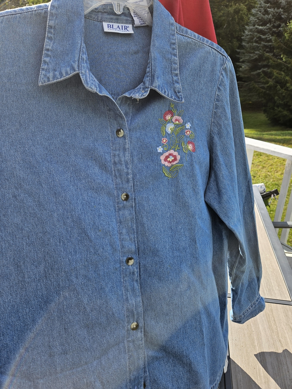 Y2K Blair Blue Denim Shirt with Floral Embroidery